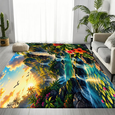 Tropical Waterfall Palm Tree Landscape Area Rug, Lush Greenery Serene Water Scene Pattern, Soft Durable, Machine Washable Non-Slip Floor Carpet, Stylish Artistic Indoor Home Decor for Living Room, Bedroom, Entryway, Kitchen, Balcony