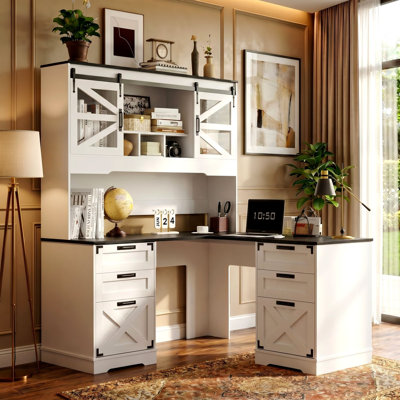57" Farmhouse L Shaped Executive Desk With Drawers and Hutch, Home Office Corner Desk With Charging Station, White