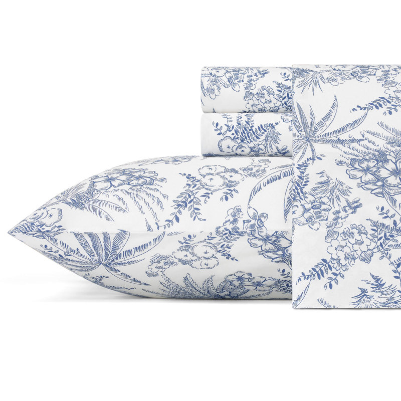 Tommy Bahama Printed Percale Cotton Sheet Set, Queen Sheet Set with 2 Pillowcases, Navy Pen and Ink