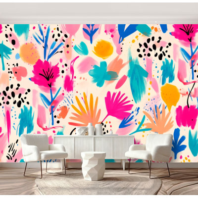 Peel and Stick Wallpaper Abstract Colorful Brushstroke Pink Blue Yellow Black Accents Wall Murals 69"H x 96"W Removable PVC Wall Paper Self-Adhesive Wall Decor for Bedroom Living Room Home Office
