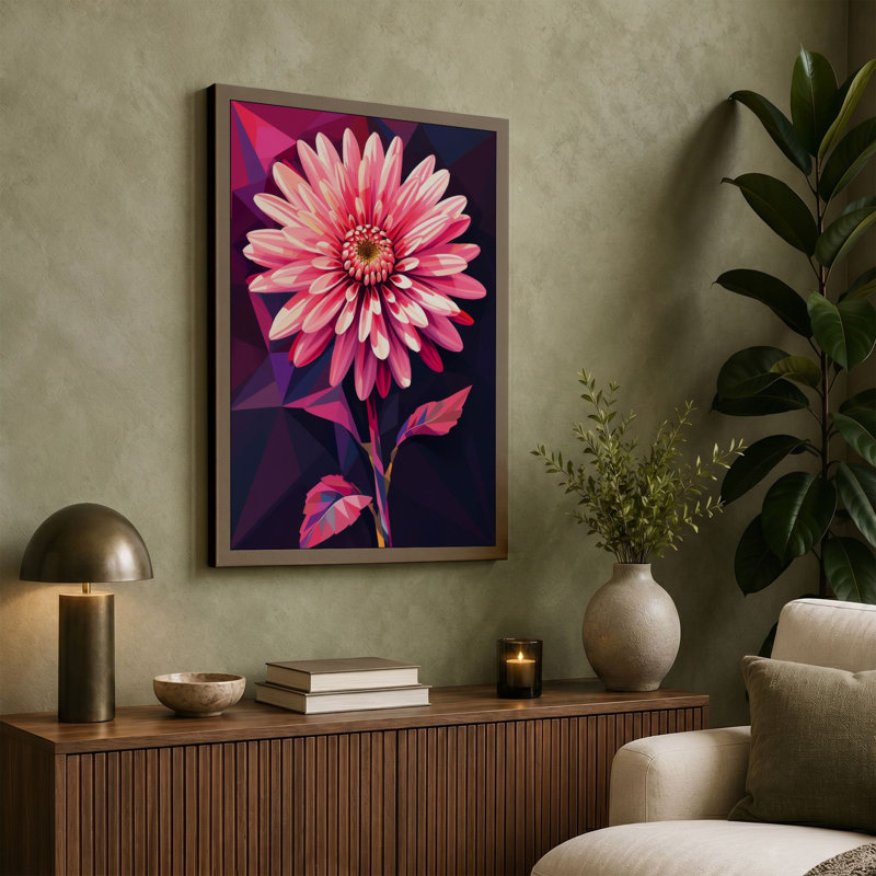 Pink Gerbera Geometric Botanical - Wrapped Canvas, 36x24 - 91.4 x 61.0 cm, Terracotta Border