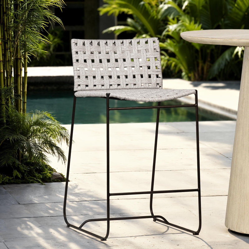 Ezra Powder Coated Iron and Flat Weaved Rope Outdoor 34" Tall Counter Stool