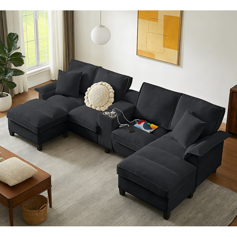 Modern U-Shaped Design, 4-Seatet Sofa, Black Corduroy