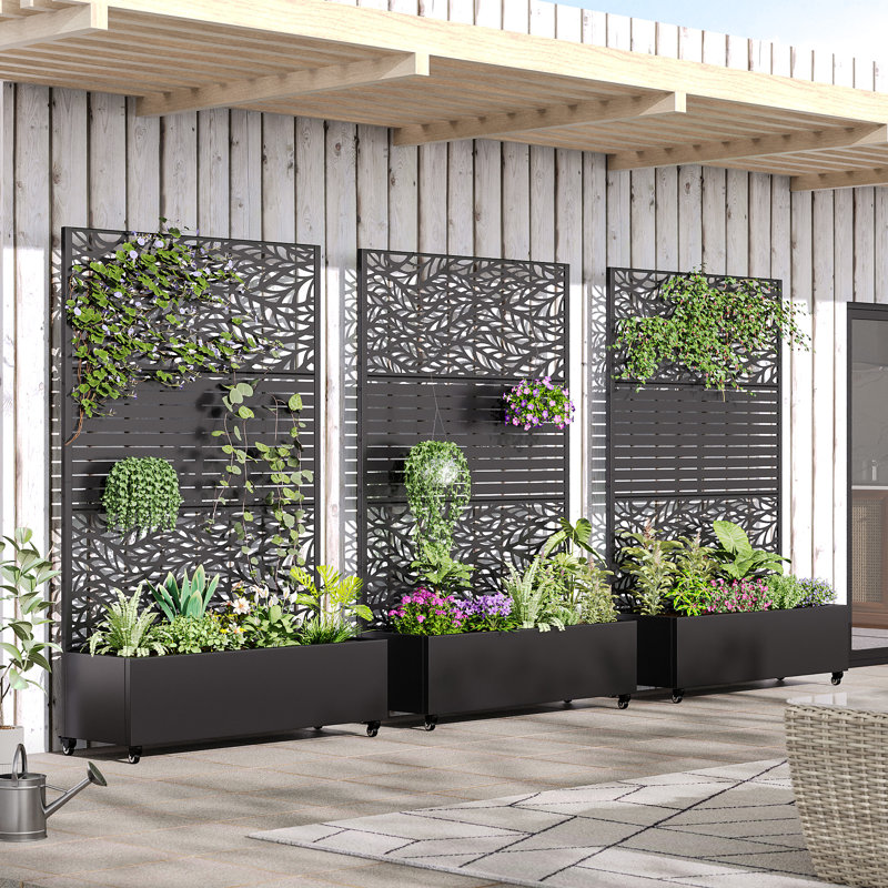 Ensemble de 3 jardin surélevé autoportant bicolore avec écran d'intimité Boîte à fleurs en métal avec treillis pour plante grimpante