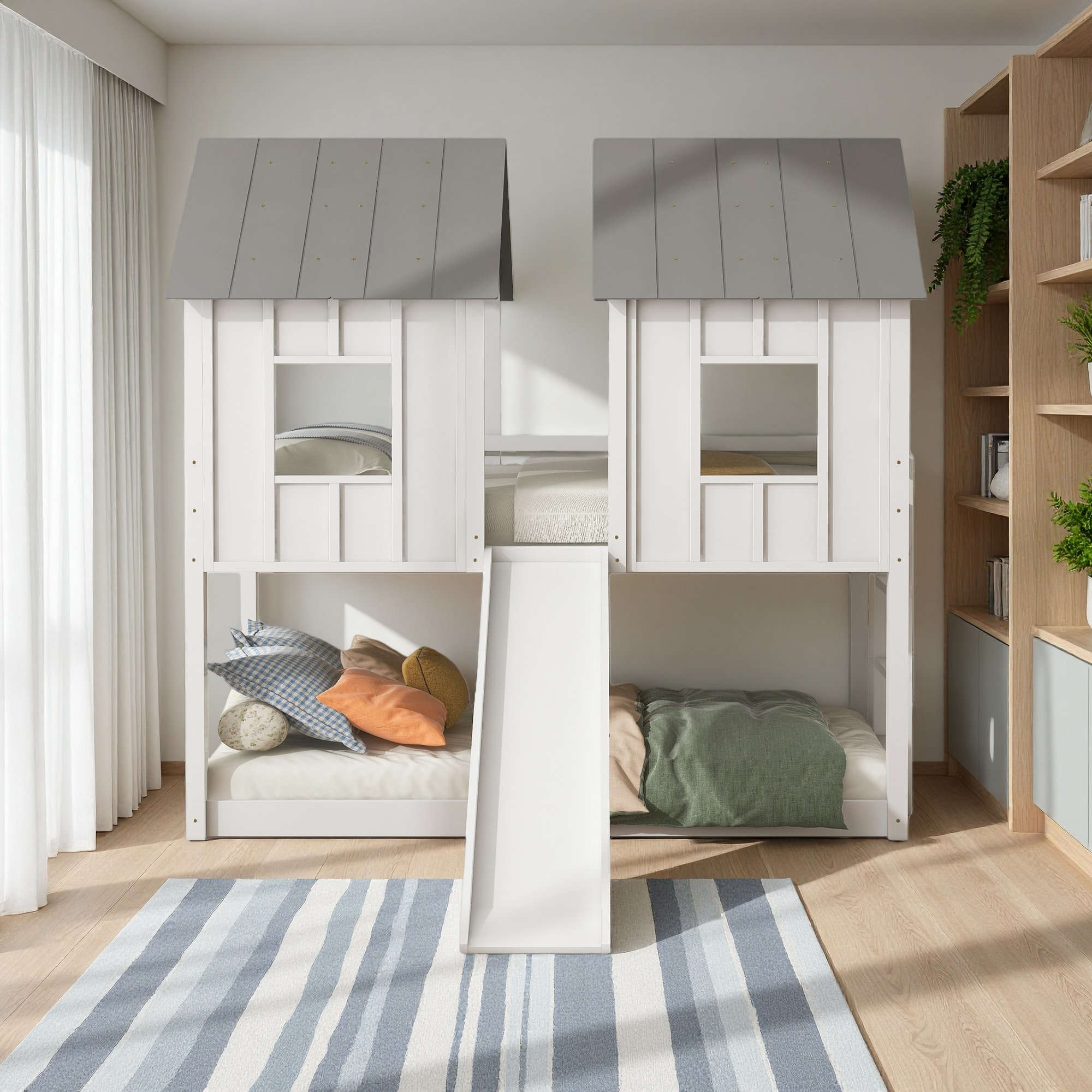 Harriet Bee Twin Over Twin House Bunk Bed With Slide And Windows | Wayfair