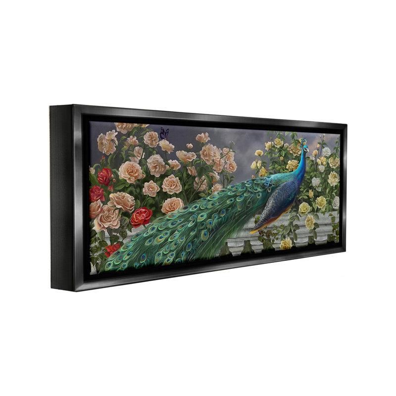 «Peacock & Cottage Blossoms Floater Frame» par Nene Thomas sur toile, H 11 po x l 25 po, Cadre flottant noir de jais