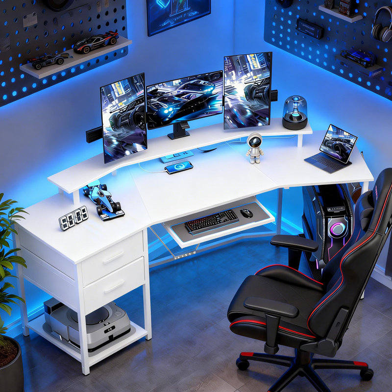 Bureau de jeu 79 pouces, bureau d'ordinateur industriel avec lumières RVB, blanc, Blanc