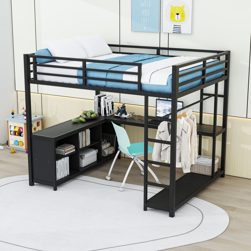Lit mezzanine en métal avec garde-robe, bureau en L et tablettes de rangement, Grand lit, Noir