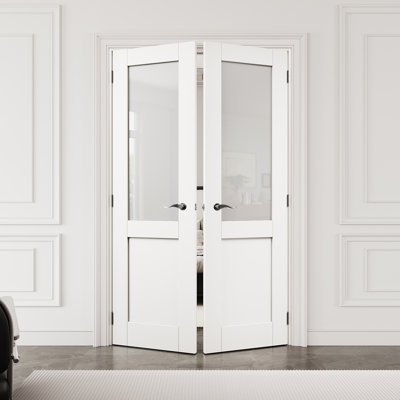 Porte française intérieure en verre givré 36 "x 80" avec quincaillerie noire et loquet et poignée de porte, dalle de porte en verre trempé avec intimité, peint et imperméable, combinaison pour la lessive, portes de placard, portes de pièce, assemblage requis