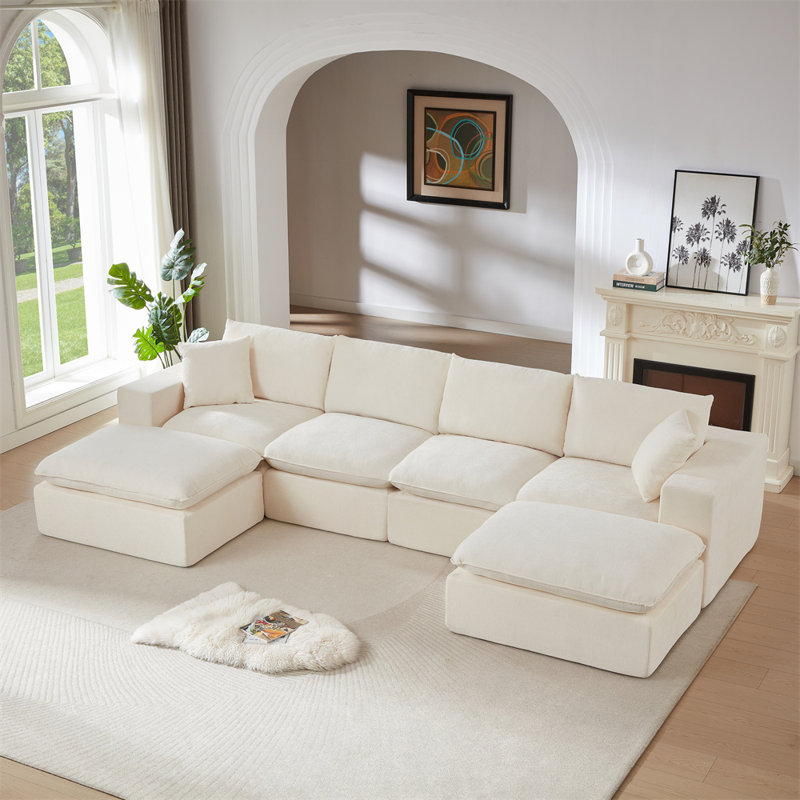 137.79" U-Shaped Sectional, White Chenille