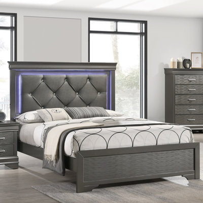 Tête de lit capitonnée en similicuir 1pc grand lit avec meubles de chambre à coucher à DEL gris et texture unique en bois massif FB