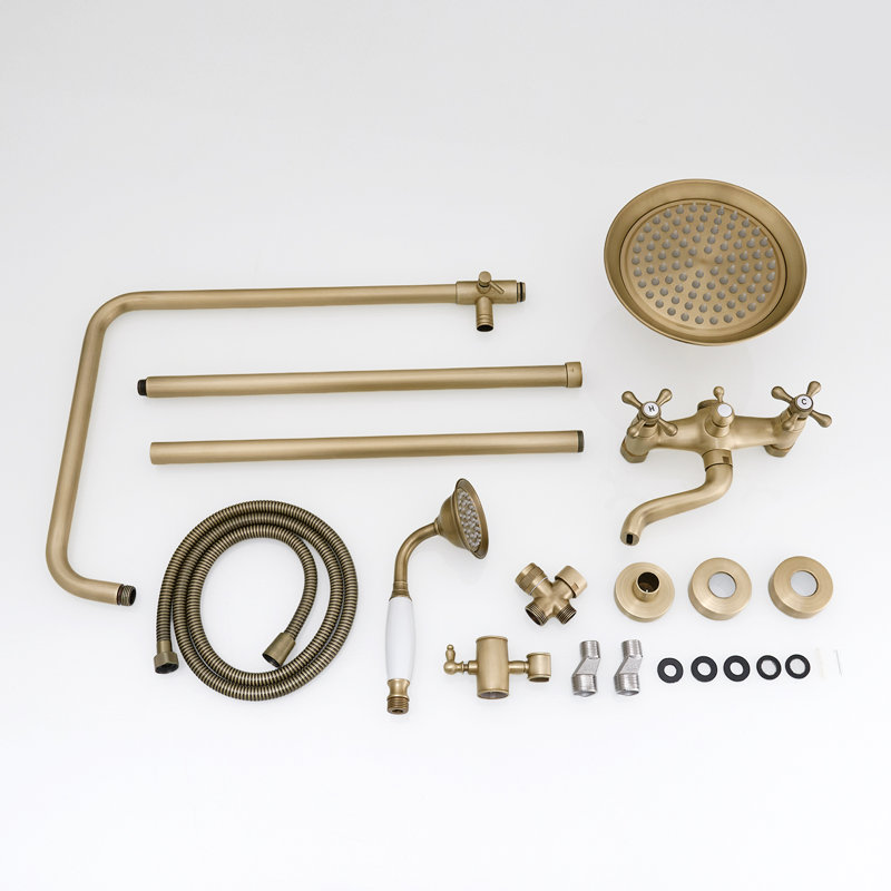 3-Spray Wall Bar Shower Kit Round Rain Shower Head with Tub Spout Hand Shower Brass Pipe 2 Cross Knobs in Antique