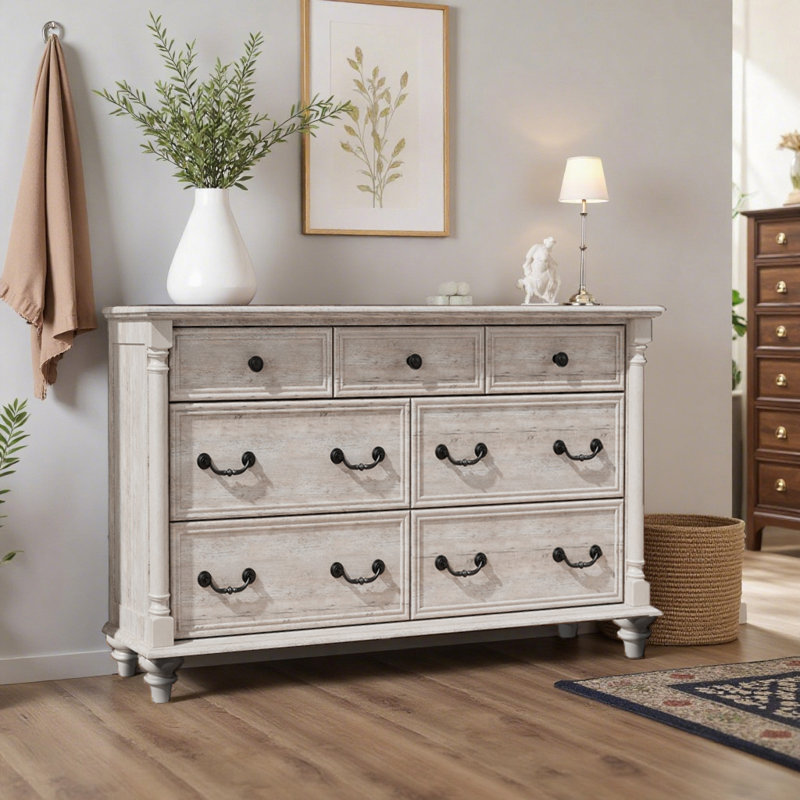 Farmhouse 7 - Drawer Dresser, Wood Rustic Dresser Chest Of Drawers With 2 Size Drawers For Bedroom, Living Room