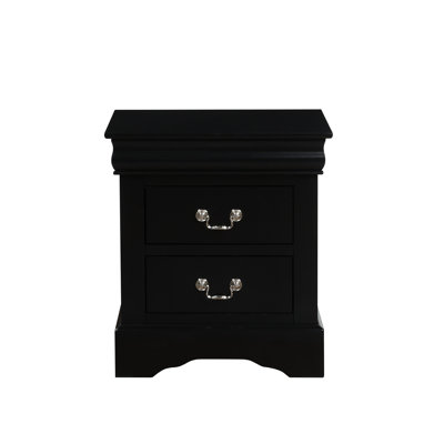 Table de chevet traditionnelle noire avec deux tiroirs, en bois composite, 56 cm de largeur, 41 cm de profondeur, 61 cm de hauteur, glissières métalliques centrales.
