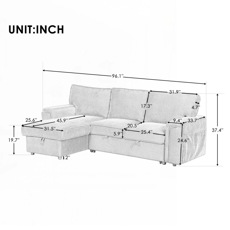 Canapé-lit modulaire Upholstery avec sacs de rangement et 2 porte-gobelets sur les accoudoirs, Gris