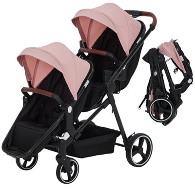 Lightweight Double Stroller for Infant & Toddler - Reversible Tandem Pushchair with Collapsible Bassinet - Adjustable Backrest & Canopy