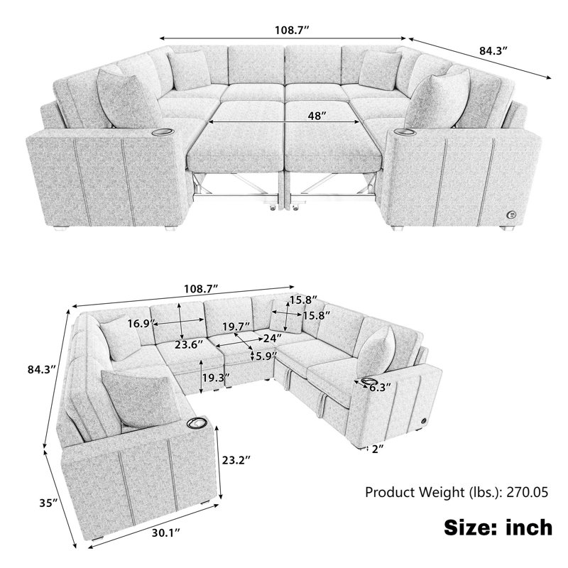 Canapé modulaire convertible en U 108,7 po, Gris chenille