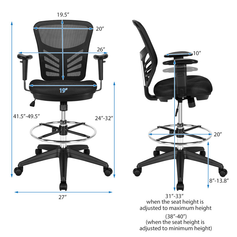 Beasia Mesh Drafting Chair, Black, Black