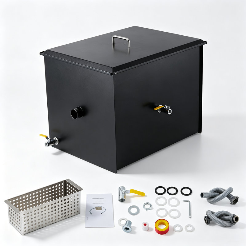 Commercial Grease Trap – Carbon Steel 3-Stage Filtration, 15 GPM, Side Inlet Under-Basin Oil-Water Separator – 30 lbs Capacity, 24.6" x 18.5" x 18.5"