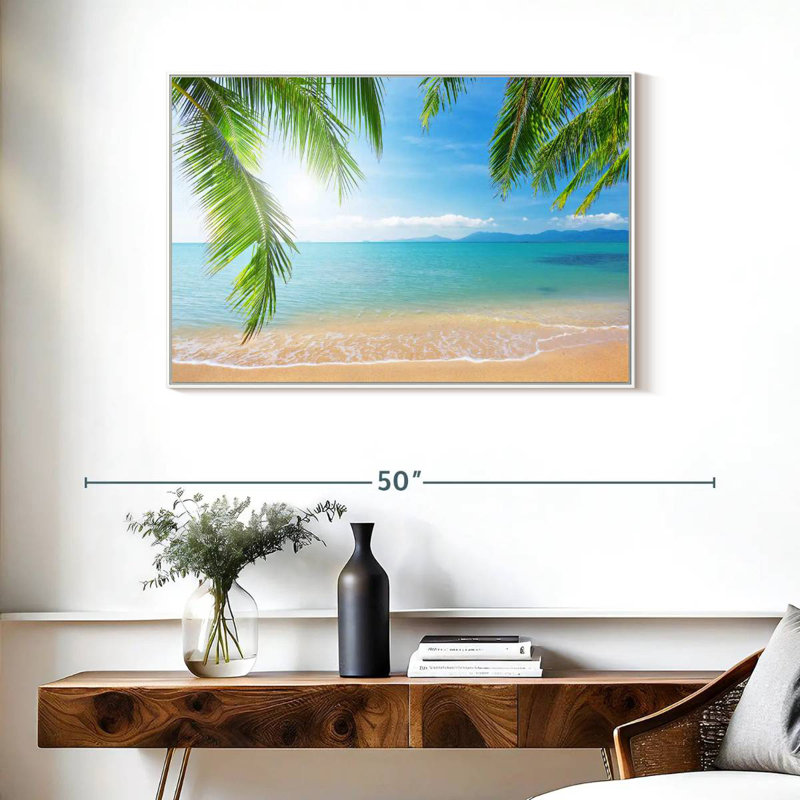 Cocotiers et plage, Cadre flottant blanc, 37 po x 25 po
