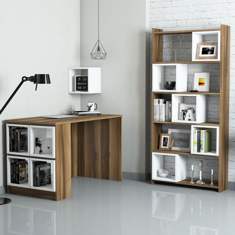 Modern Study Desk & Bookshelf Set, Walnut & White, 47.2 x 29.5 x 25.6 inches | 100% Melamine Coated Particle Board, Thickness: 0.7 inches | Includes Wall Shelf (11.8 x 11.8 x 9.4 in) | Stylish & Functional Home Office Solution