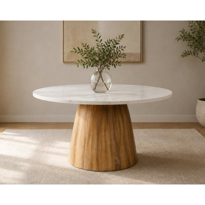 Table de salle à manger Jaden avec dessus en marbre blanc naturel et piètement en bois massif
