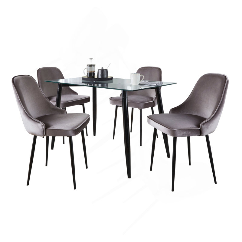 Ensemble de salle à manger contemporaine Clara-Marcel en métal noir, verre transparent et velours argenté par Lumisource - 5 pièces