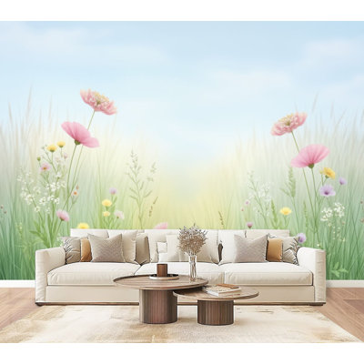 Peel and Stick Wallpaper Serene Wildflower Meadow Soft Pastel Flowers Tall Grasses Wall Murals 69"H x 96"W Removable PVC Wall Paper Self-Adhesive Wall Decor for Bedroom Living Room Home Office