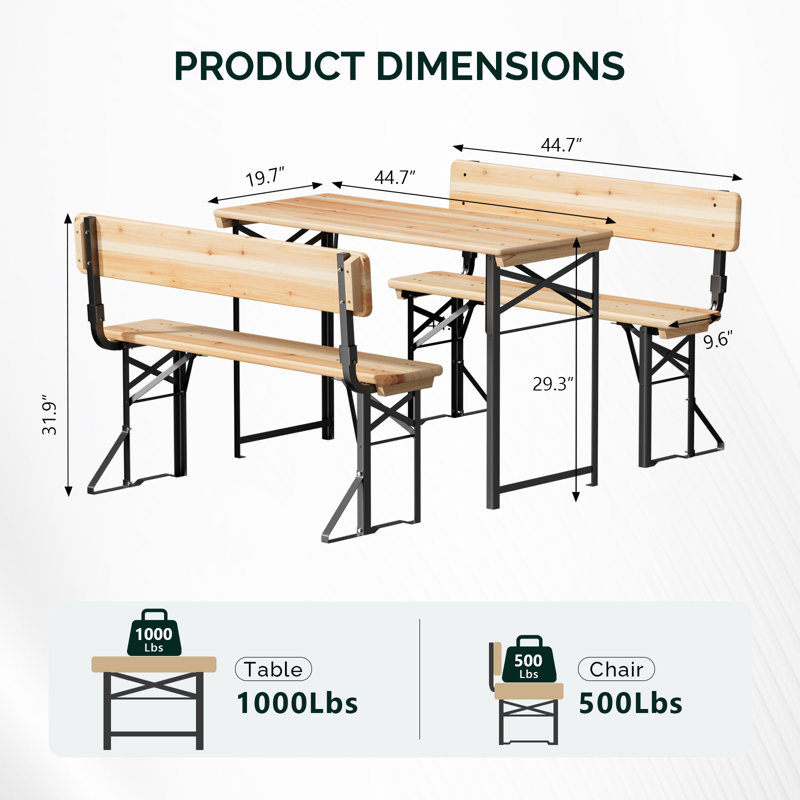 44 In. Rectangle Wood Picnic Table Iron Frame With Backrest Bench Seats, 29.3" H x 44" W x 19.7" D