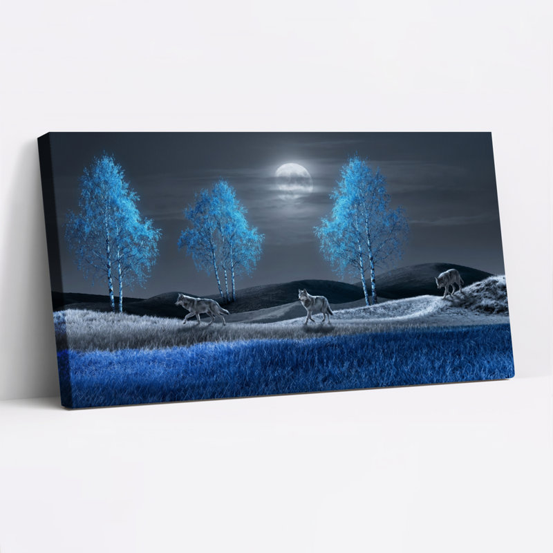 Ensemble de 1 tableau sur toile « Loups au clair de lune », L 40 po x H 20 po, Toile tendue