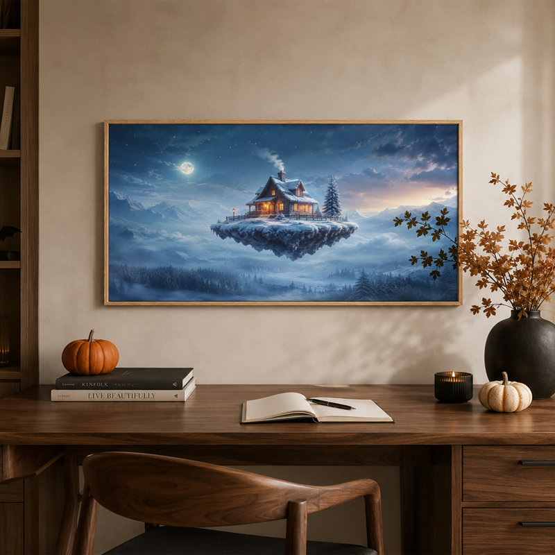 Cabane flottante au clair de lune au-dessus de montagnes enneigées - Toile murale d'Halloween, 58“W x 28”H