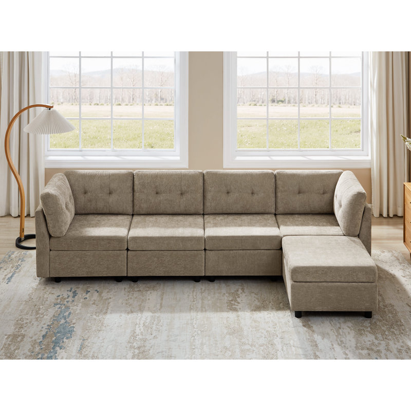 Chenille Upholstered Sectional Sofa Couch With Ottoman, Camel Polyester