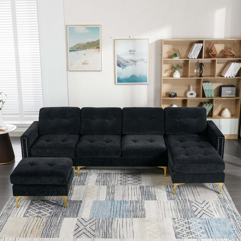 110" L-Shape Convertible Sectional Sofa Couch, Black Velvet, Silver