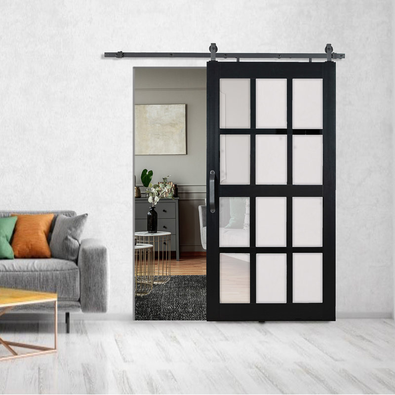 Porte de grange givrée 12 Lite 84 po avec quincaillerie d'installation Montana, 42 po x 84 po, Noir