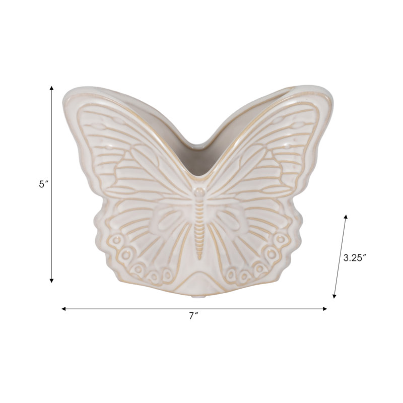 Ceramic Stoneware Planter with Embossed Butterfly Design and Sculpted Wings for Decorative Display, 5" H x 7" W 4" D