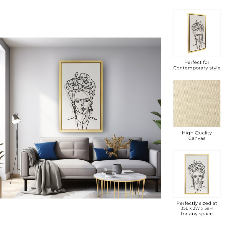 Abstract Face Line Print Canvas Wall Art Display with Wood Frame for Home Decor - Modern Shadow Box Artwork Painting for Living Room - Black & White