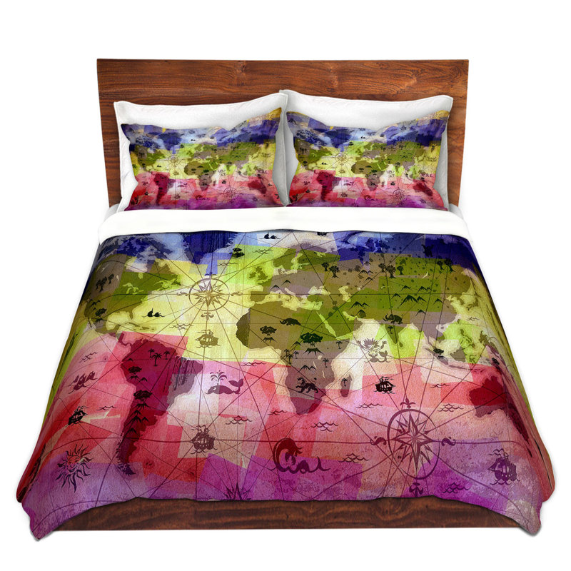 Whimsical World Map V Modern & Contemporary Duvet Cover, Twin XL Duvet Cover + 1 Standard Sham, Red/Green/Blue
