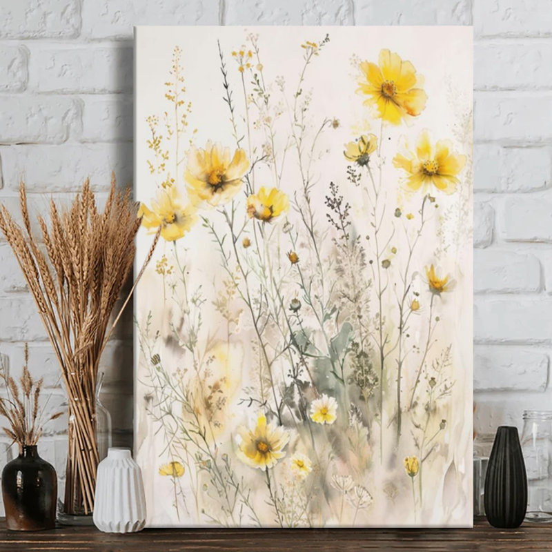 Art sur toile tendue, fleurs de cosmos jaunes douces - H 36 po x l 24 po