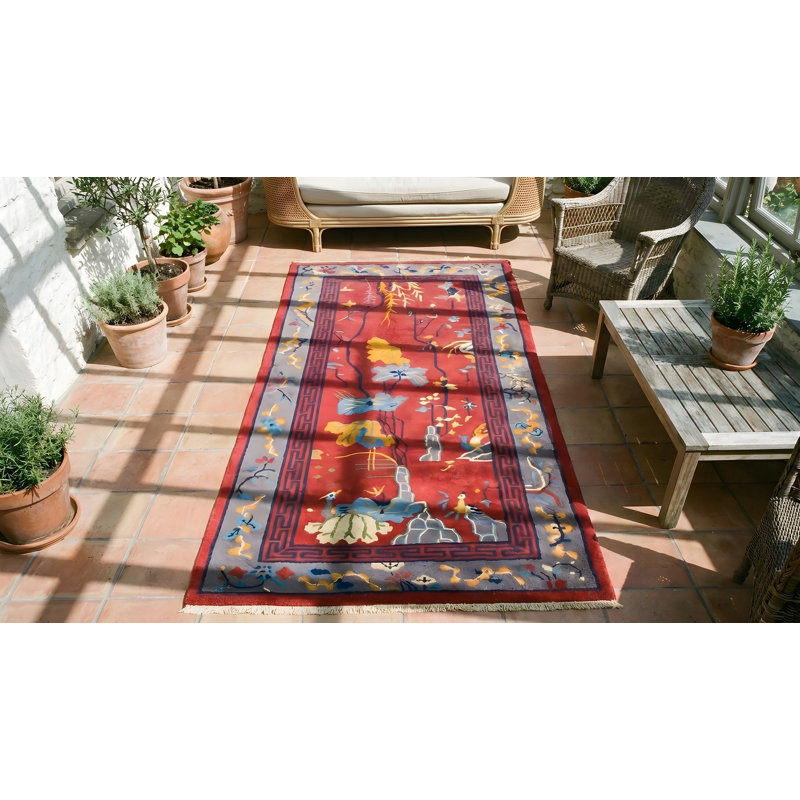 Small Scatter Size Chinese - Art Deco Knotted 1920s Antique Coral Wool Rectangle Rug