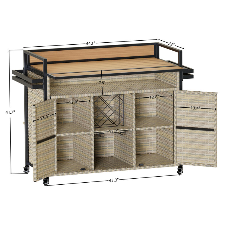 Asaria XL Outdoor Kitchen Wicker Island Rolling Cart Bar Table & Storage Cabinet, Wheels and Plastic Wood Extended Table Top