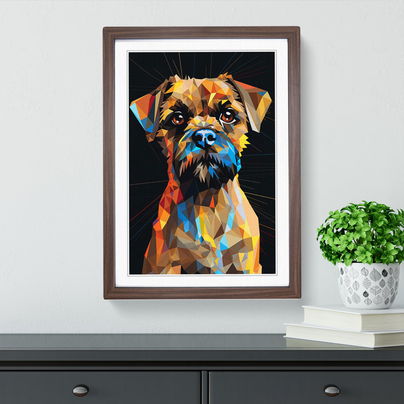 Border Terrier Geometric No.2 - Single Picture Frame Print on Wood, 46cm H x 34cm W x 2cm D, Walnut