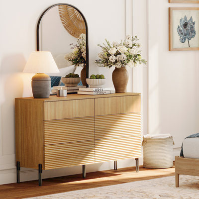 Minimalist 6-Drawer 47.2" W Rectangular Dresser With Reeded Details And Double-Stick Leg Design