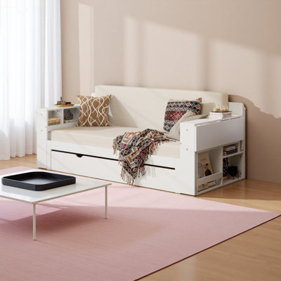Lit de jour avec bureau amovible, tiroirs de rangement et table d'appoint hydraulique