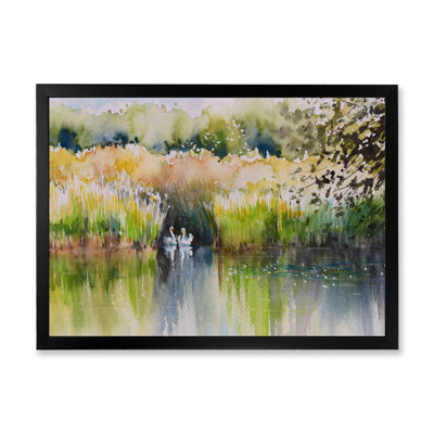 Deux cygnes dans l'étang - peinture sur toile
