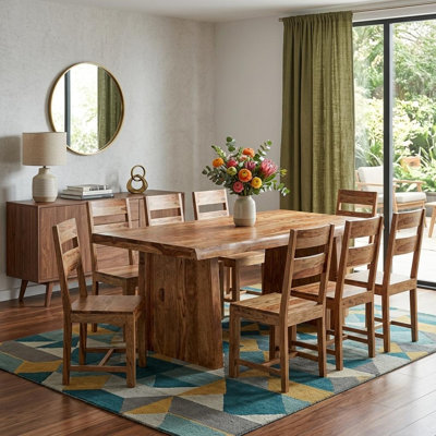 Ensemble de salle à manger neuf pièces en bois massif brun avec huit chaises