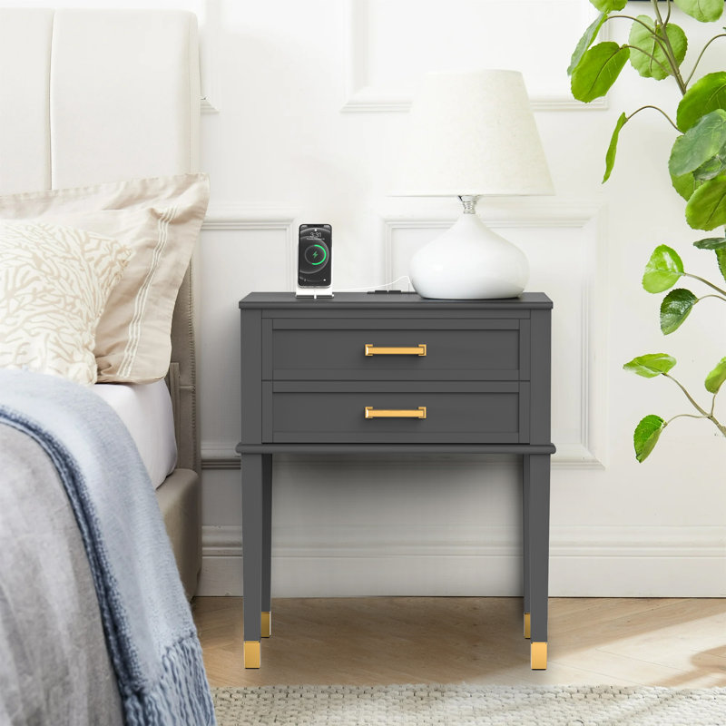 Solid Wood Nightstand with Big Drawer，2 Power Outlets, 1 USB Port & 1 Type C Port, Gray