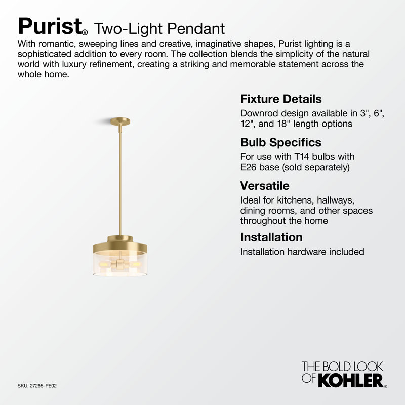 Purist 12-1/2 In. Two-Light Pendant, French Gold