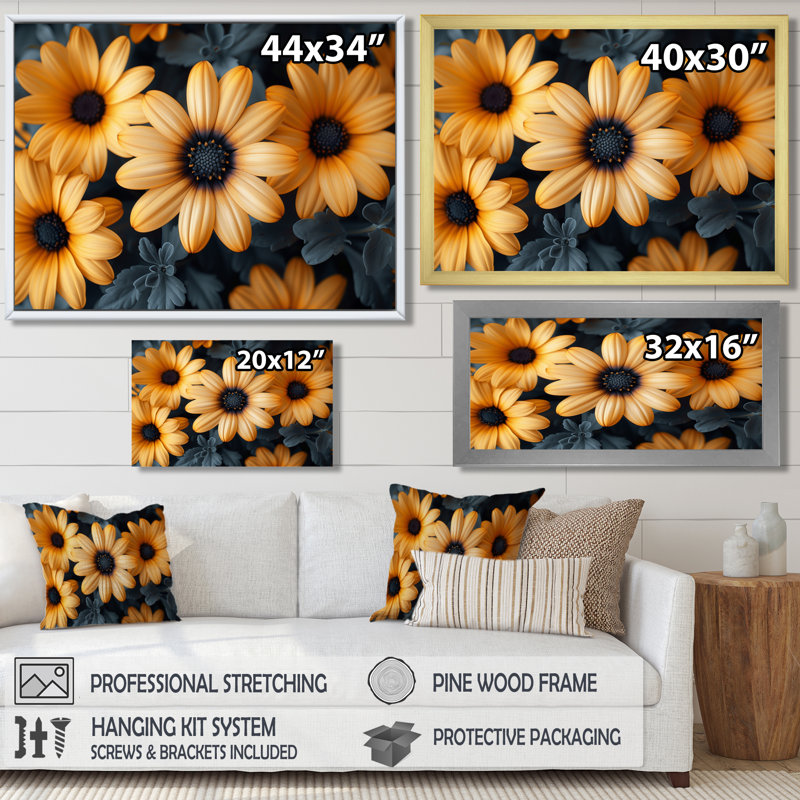 Monochromes jaunes et noirs, soufflage III - marguerites, impression d'art mural, H 24 po x l 32 po, Cadre simple noir