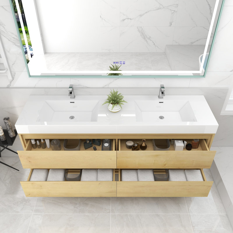 72'' Double Bathroom Vanity with Acrylic Top, Light Oak