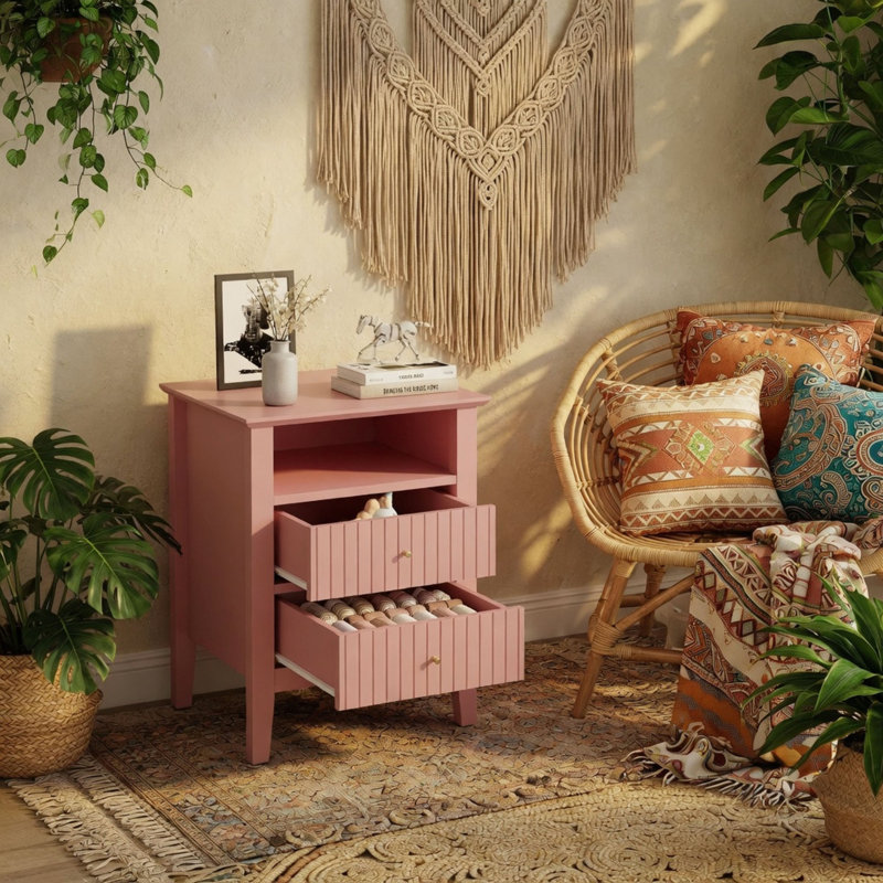 Ensemble de table de chevet 18 po à 2 tiroirs cannelés 18 po, rose moderne avec rangement